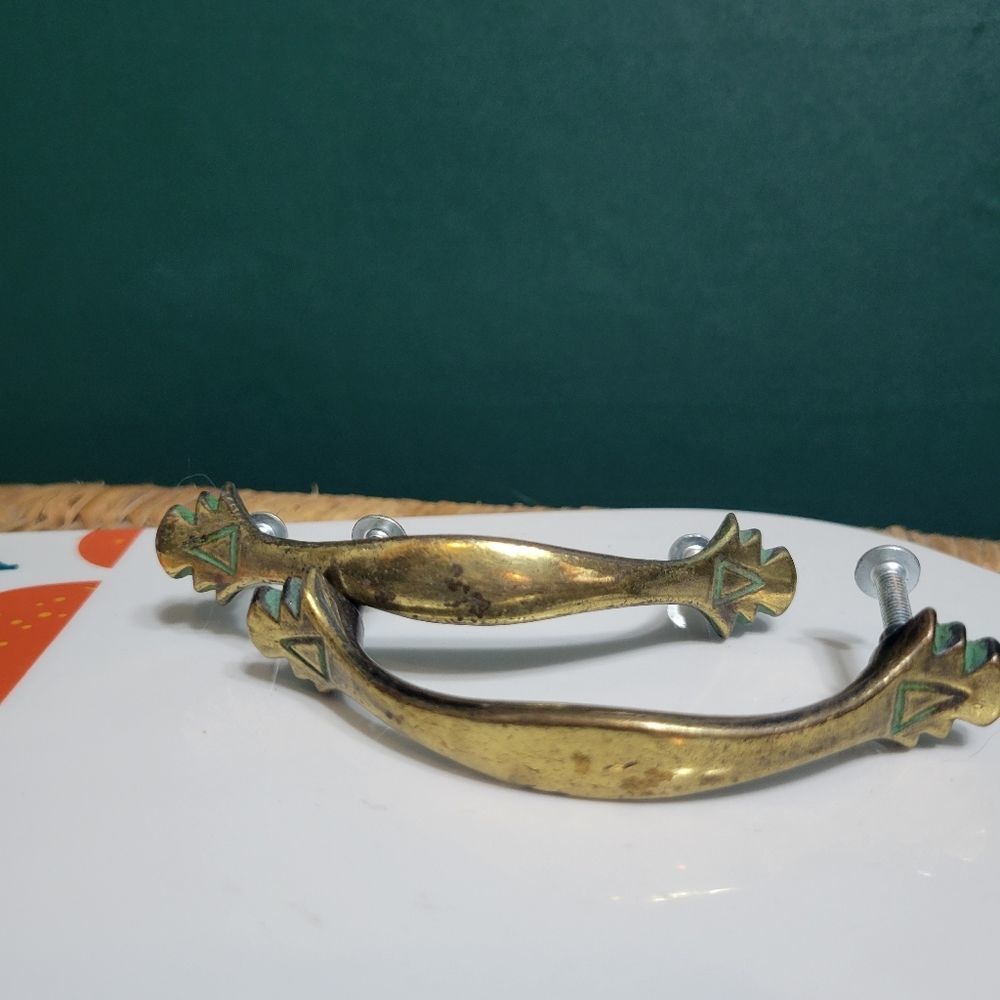 Southwestern Boho Brass Golden Turquoise Unique Drawer Pulls Handles (Set of 2)